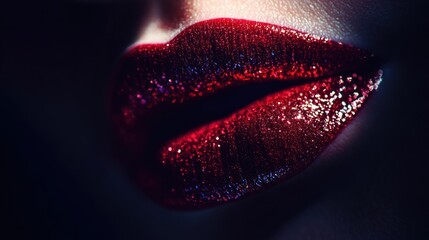 Aufkleber - Close-up of glossy red lips gleaming with a vibrant, shiny finish against a dark background, highlighting a bold beauty statement. Generative AI