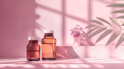 Two glass bottles with white lids sit on a pink surface with soft light, a small bouquet of pink flowers and leaf shadows in the background.