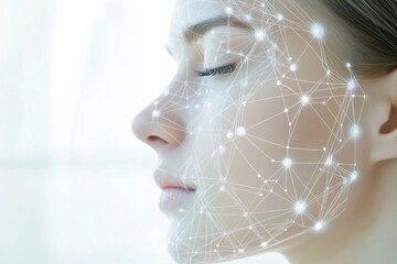 Aufkleber - Abstract lines and dots creating skincare procedure diagrams on a serene face in a contemporary setting. Generative AI