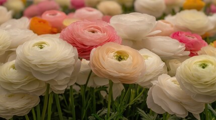 Wall Mural - A vibrant spring garden filled with colorful ranunculus flowers glowing softly in the warm sunlight