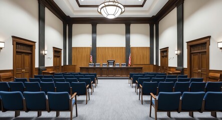 Wall Mural - Spacious courtroom interior with rows of empty seats and a high judge’s bench offering a blank slate for text