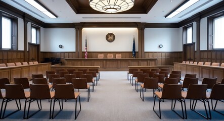 Wall Mural - Spacious courtroom interior with rows of empty seats and a high judge’s bench offering a blank slate for text