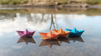 Colorful Paper Boats Floating on Serene Water Surface