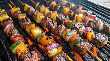 Close-up of grilled skewers with beef, zucchini, peppers, and onion on a hot grill with flames.