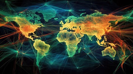 Poster - A global map with connected lines representing international telecommunication networks and digital connections.