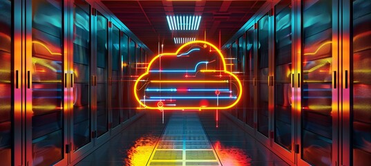 Neon Cloud Icon Glowing Inside Server Room, Symbolizing Cloud Computing and Data Storage.