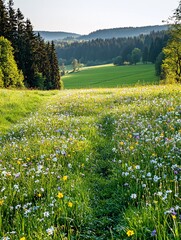 Wall Mural - Lush green meadow with wildflowers and a forest in the background.