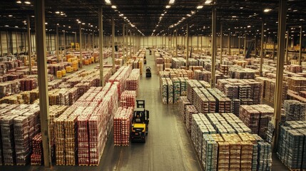 Poster - A large warehouse filled with rows of pallets stacked high with products, and forklifts moving through the aisles.