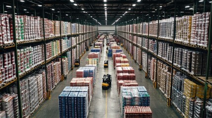 Poster - A large warehouse filled with rows of pallets stacked high with products, and forklifts moving through the aisles.