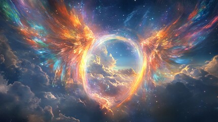 Wall Mural - Colorful celestial wings with glowing halo surround clouds in a starry sky.