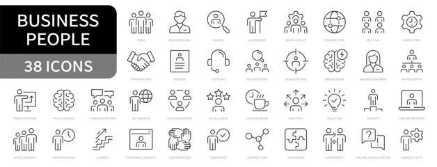 Business people simple line icons collection. Agreements, partnership, headhunting, leadership, teamwork, meeting, company, work group symbol. Editable stroke icons. Vector