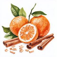 Sticker - Watercolor illustration. Whole oranges and half, cinnamon sticks and green leaves isolated on a white background. Christmas sweet fragrant tangerines. 