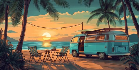 Wall Mural - relaxing beach sunset with a vintage camper van, palm trees, and dining setup by the shore in a trop