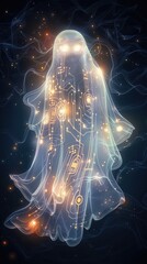 Futuristic digital spirit in ethereal glow - cybernetic concept design for sci-fi projects. AI