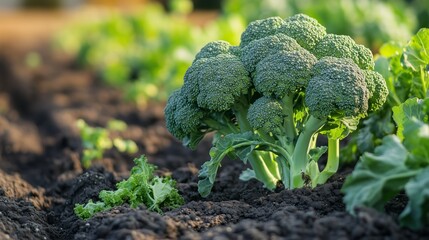 Canvas Print - Broccoli growing in a lush garden bed under sunlight during the day, showcasing vibrant green produce in rich soil