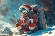 © Michael - Astronaut wearing santa hat holding christmas present in snowy landscape