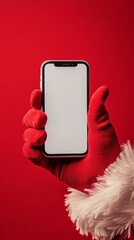Santa claus holding smartphone with blank screen on red background. Copy space for text