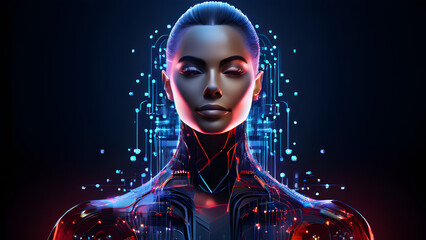 Visually represent the flow of data or light in the form of a human, Add digital patterns or flows around the head to make it look like the AI ​​is understanding human thoughts.