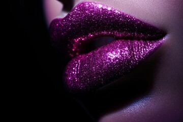 Poster - Close-up of glossy lips showcasing a vibrant, shiny finish with sparkling glitter in a dark setting. Generative AI
