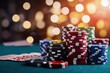 © Анатолий Сав - A vibrant casino table featuring colorful stacks of poker chips and playing cards during an exciting game night at the casino. Generative AI