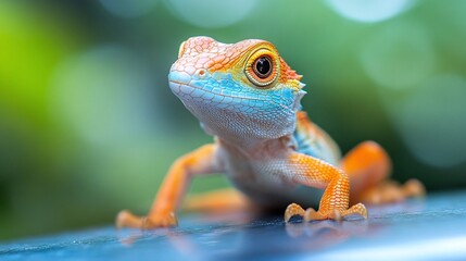 Wall Mural - macro shot of an agama lizard resting on a table capturing the intricate details of its scales and s
