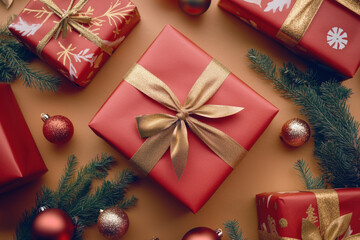 Wall Mural - festive christmas gift boxes with shiny ribbons and ornaments on a warm background, creating a cozy 