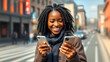 © Dedy - Joyful African American Woman Using Smartphone in City. Technology lifestyle, Portrait photography, Realistic face, Natural photography, Ultra HD