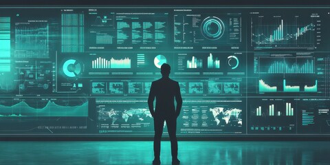 Fototapete - A business professional stands before a digital interface displaying charts and data, representing analytics and innovation in technology.