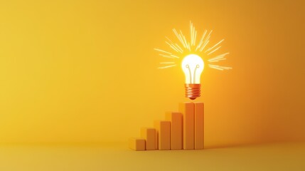 Wall Mural - A light bulb with rays of light hovers above ascending yellow bars, symbolizing growth and innovation on a vibrant yellow background