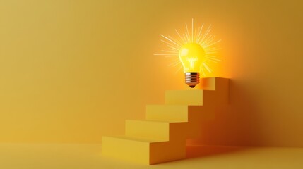 Wall Mural - A glowing light bulb sits atop a set of yellow stairs, symbolizing ideas and enlightenment against a monochromatic yellow background