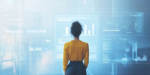 Fototapete - A professional woman analyzing data on a futuristic screen, highlighting technology and business insights in a modern workspace.