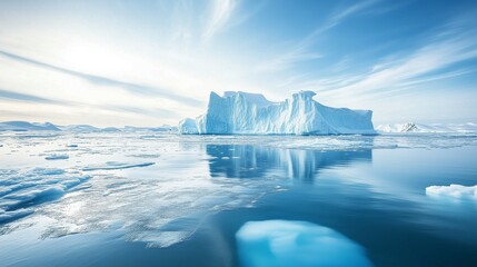 Global warming concept with melting glacier mountain iceberg against blue sky