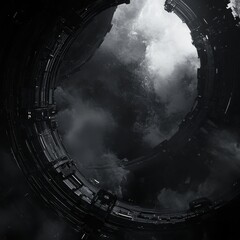 A science fiction future black and grey poster background.   The black and grey tones give it a mysterious and futuristic feel.   There are elements that suggest advanced technology and unknown worlds