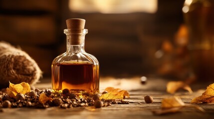 Poster - A close-up view of a whiskey bottle surrounded by autumn leaves and rustic decor on a wooden table in warm lighting. Generative AI