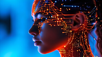 Visually represent the flow of data or light in the form of a human, Add digital patterns or flows around the head to make it look like the AI ​​is understanding human thoughts.