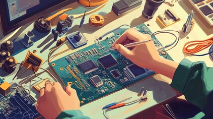 Poster - An electrical engineer working on a circuit board with various tools and wires on the desk.