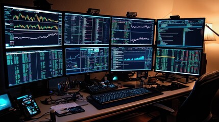 Poster - An investors desktop with multiple monitors displaying stock prices and financial news. -