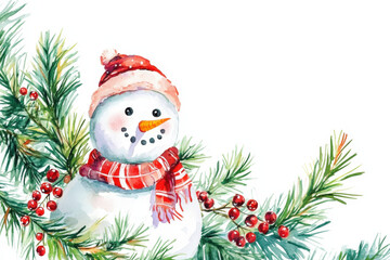 Wall Mural - Watercolor christmas card with a cute snowman wearing a red hat and scarf surrounded by pine branches with red berries