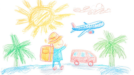 Child dreaming about summer vacation traveling by plane or car