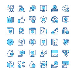 Quality control icons. Outline symbols. Vector blue line icons set