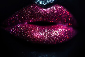 Aufkleber - Close-up view of glossy lips reflecting light with a vibrant shiny finish against a dark background. Generative AI
