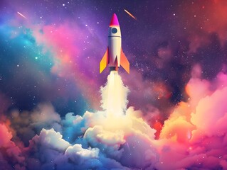 retro styled rocket blasting off in colorful rainbow smoke trail against cosmic backdrop