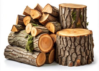 Set oak stump, log fire wood isolated on white background with clipping path