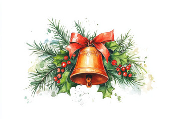 Wall Mural - Golden christmas bell with red ribbon is surrounded by holly leaves and fir tree branches in a watercolor christmas illustration