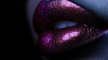 Poster - Close-up of glossy, vibrant lips reflecting light in a dark setting, showcasing the stunning shine and color at night. Generative AI