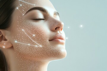 Leinwandbilder - Abstract diagram of skincare technique featuring dots and lines on a serene face representing a skincare treatment process. Generative AI