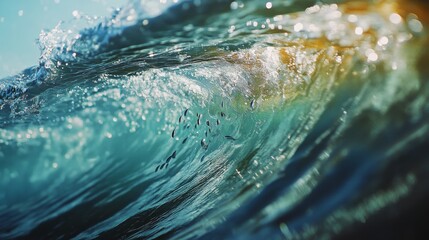 Wall Mural - a close-up of a wave with a school of fish visible beneath the surface, their movements creating rip