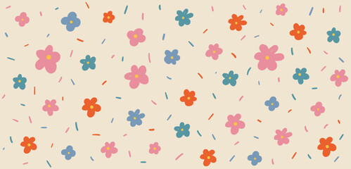 Wall Mural - hand drawn flowers y2k naive seamless pattern. vector colorful doodle funny confetti background in 7