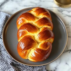 Soft Sweet Braided Challah Bread on a Plate