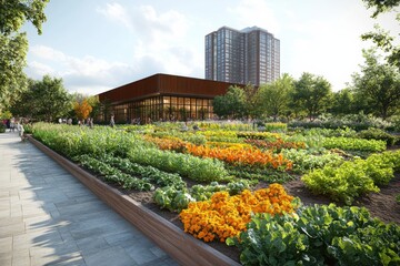 Urban Community Garden with Modern Building and High-rise in Background